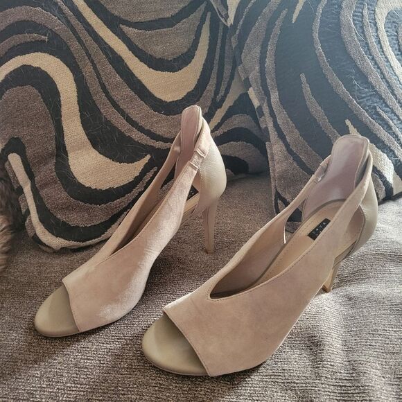 White House black market suede feel beige open toe heels size 7M - Picture 1 of 8